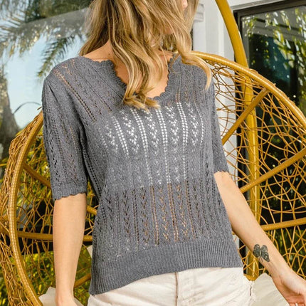 BiBi Eyelet Puff Sleeve Knit Top - MimiStylez