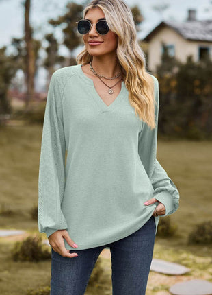 Notched Neck Raglan Sleeve Blouse - MimiStylez