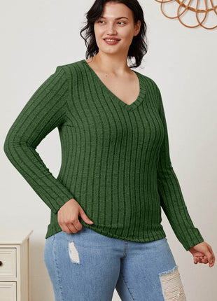 Basic Bae Full Size Ribbed V-Neck Long Sleeve T-Shirt - MimiStylez