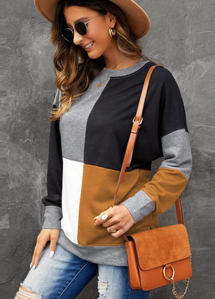 Color Block Round Neck Sweatshirt - MimiStylez