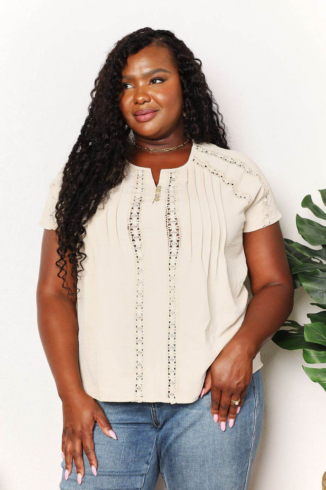 Double Take Crochet Buttoned Short Sleeves Top - MimiStylez