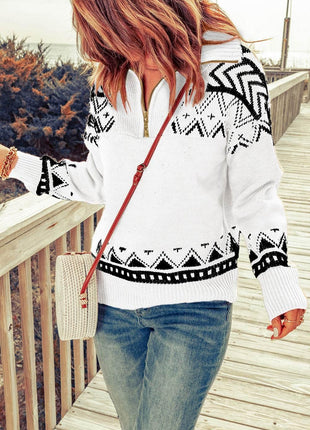 Zip-Up Mock Neck Dropped Shoulder Pullover Sweater - MimiStylez