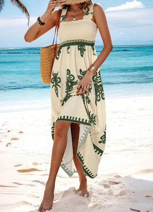 Smocked Printed Wide Strap Maxi Dress - MimiStylez