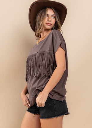 Ces Femme Fringe Detail Round Neck Short Sleeve Top - MimiStylez