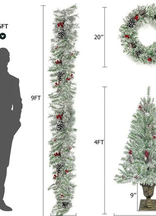 4PC Pre-lit Xmas Tree Artificial Christmas Set - Includes Garland, Wreath And Set Of 2 Entrance Trees