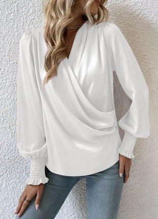 Surplice Smocked Lantern Sleeve Blouse - MimiStylez