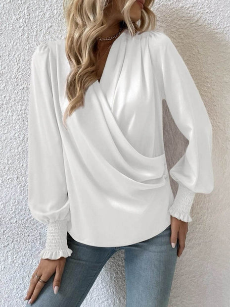 Surplice Smocked Lantern Sleeve Blouse - MimiStylez