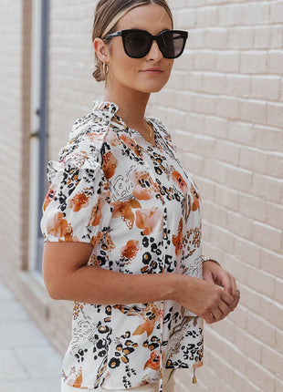 Ruffled Leopard Tie Neck Short Sleeve T-Shirt - MimiStylez