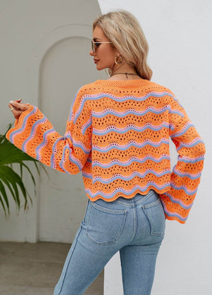 Round Neck Openwork Flare Sleeve Knit Top - MimiStylez