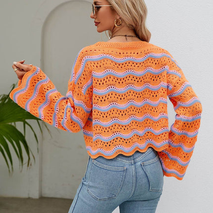 Round Neck Openwork Flare Sleeve Knit Top - MimiStylez