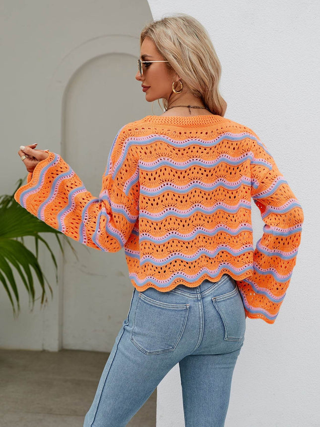 Round Neck Openwork Flare Sleeve Knit Top - MimiStylez