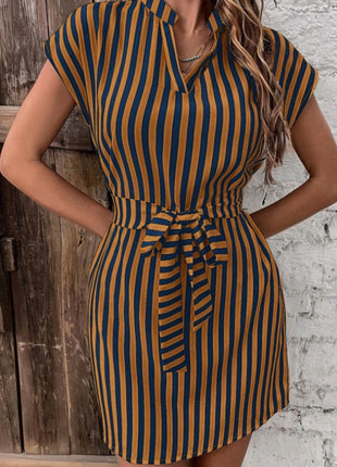 Tied Striped Cap Sleeve Mini Dress - MimiStylez