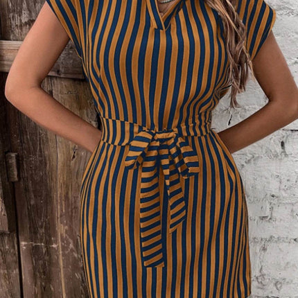 Tied Striped Cap Sleeve Mini Dress - MimiStylez
