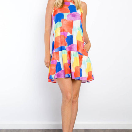 Be Stage Abstract Print Ruffle Hem Mini Dress with Pockets - MimiStylez