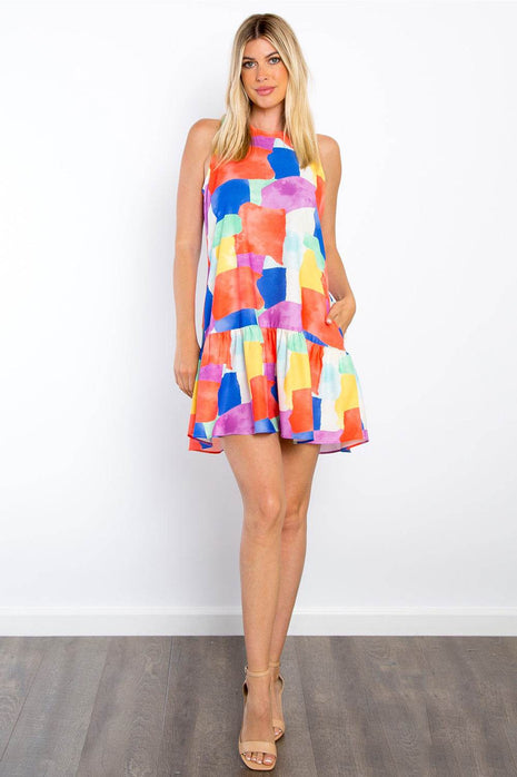 Be Stage Abstract Print Ruffle Hem Mini Dress with Pockets - MimiStylez