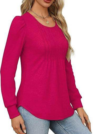 Women's Bubble Sleeve Waist Pleated Round Neck Long Sleeve T-shirt - MimiStylez