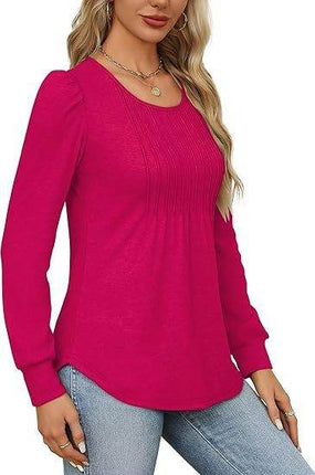 Women's Bubble Sleeve Waist Pleated Round Neck Long Sleeve T-shirt - MimiStylez