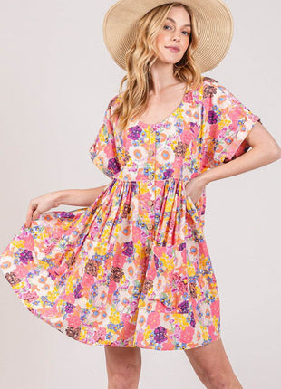 SAGE + FIG Floral Short Sleeve Babydoll Dress with Pockets - MimiStylez