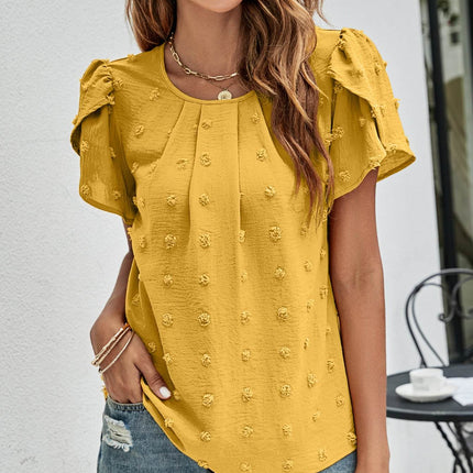 Swiss Dot Round Neck Petal Sleeve Top - MimiStylez