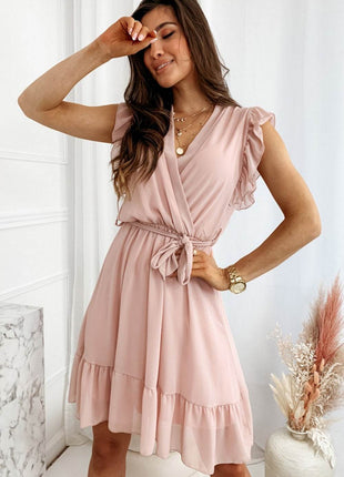 Full Size Ruffled Surplice Cap Sleeve Dress - MimiStylez