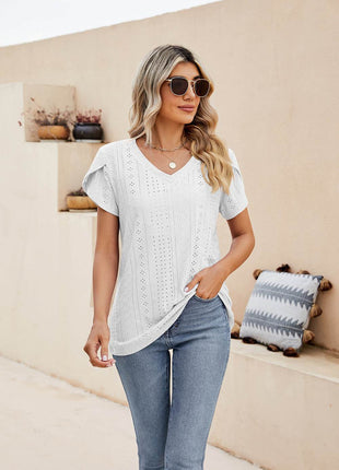 Eyelet Petal Sleeve V-Neck Knit Top - MimiStylez