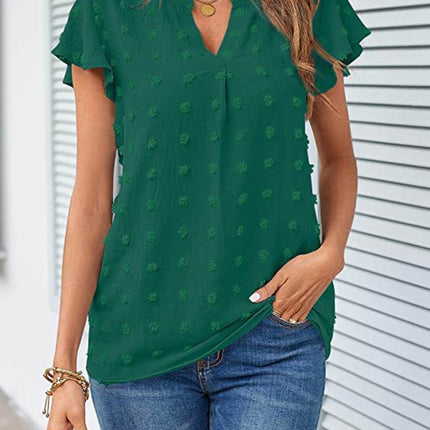Swiss Dot Notched Cap Sleeve Blouse - MimiStylez