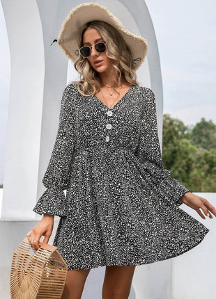 Decorative Button V-Neck Flounce Sleeve Dress - MimiStylez
