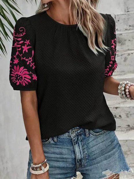 Embroidered Round Neck Short Sleeve Blouse - MimiStylez