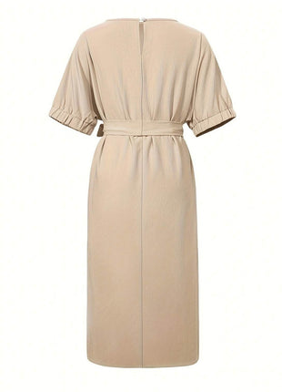 Slit Round Neck Tie Waist Midi Dress - MimiStylez