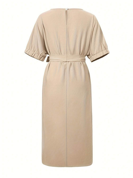 Slit Round Neck Tie Waist Midi Dress - MimiStylez