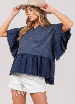 SAGE + FIG Ruffle Sleeve Washed Short Sleeve Blouse - MimiStylez