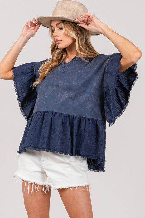 SAGE + FIG Ruffle Sleeve Washed Short Sleeve Blouse - MimiStylez