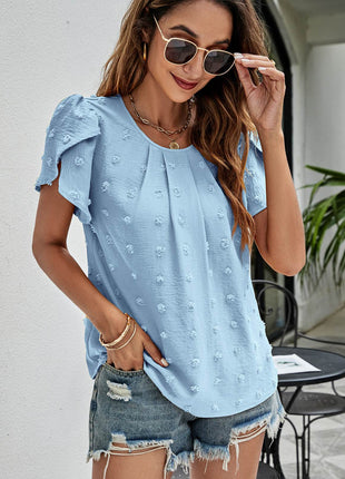 Swiss Dot Round Neck Petal Sleeve Top - MimiStylez
