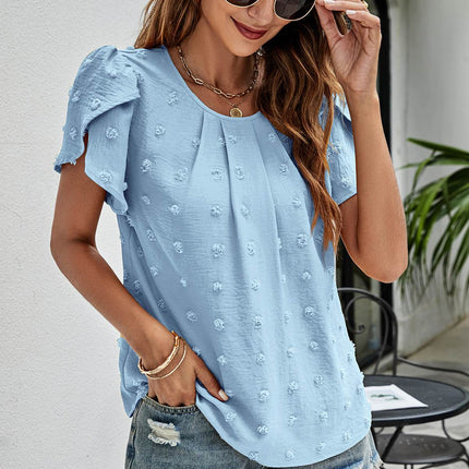 Swiss Dot Round Neck Petal Sleeve Top - MimiStylez
