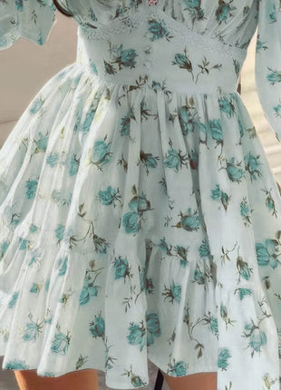 Full Size Floral Print Lace Detail V-Neck Mini Dress Plus SIze - MimiStylez