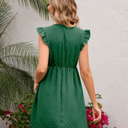 Swiss Dot Ruffled V-Neck Dress - MimiStylez