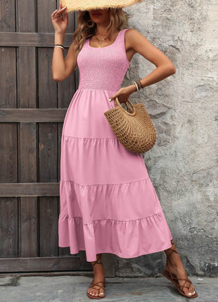 Smocked Scoop Neck Sleeveless Tank Dress - MimiStylez