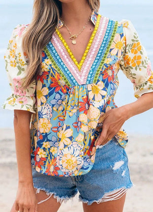 Multicolour Crochet V Neck Half Sleeve Boho Floral Blouse - MimiStylez