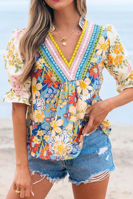 Multicolour Crochet V Neck Half Sleeve Boho Floral Blouse - MimiStylez