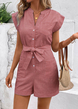 Striped Notched Tie Waist Romper - MimiStylez