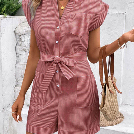 Striped Notched Tie Waist Romper - MimiStylez