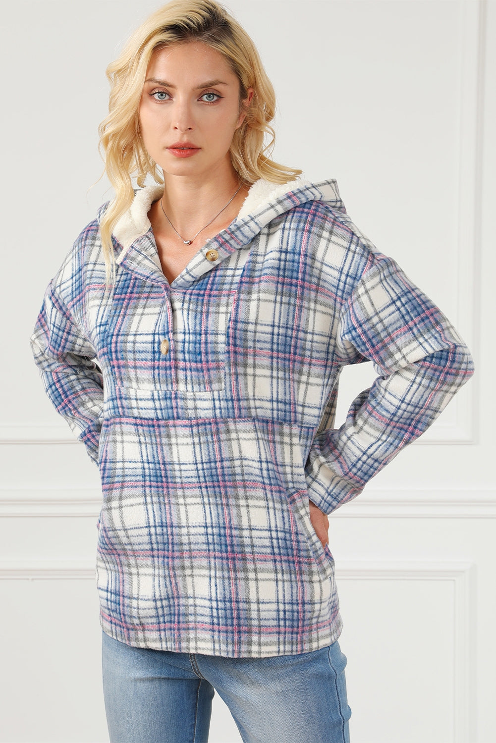 Plaid Long Sleeve Buttoned Hoodie