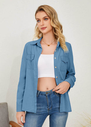 Pocketed Button Up Long Sleeve Denim Shirt - MimiStylez