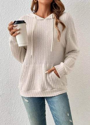 Ribbed Dropped Shoulder Drawstring Hoodie - MimiStylez