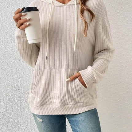 Ribbed Dropped Shoulder Drawstring Hoodie - MimiStylez
