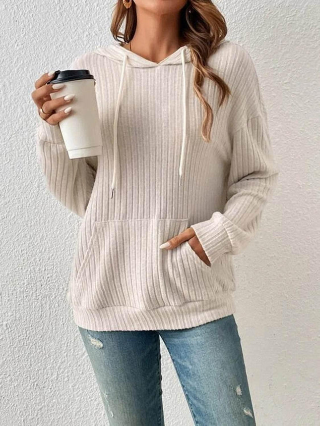 Ribbed Dropped Shoulder Drawstring Hoodie - MimiStylez