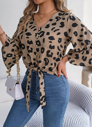 Tied Button Up Leopard V-Neck Blouse - MimiStylez