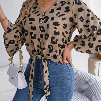 Tied Button Up Leopard V-Neck Blouse - MimiStylez