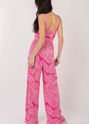 VERY J Printed Pleated Sleeveless Wide Leg Jumpsuit - MimiStylez