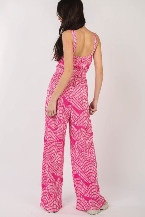 VERY J Printed Pleated Sleeveless Wide Leg Jumpsuit - MimiStylez